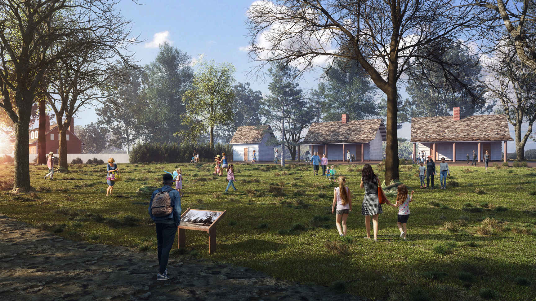 A rendering of the East Yard project. Three small houses where the enslaved people would have lived are shown, along with people walking around the museum grounds to learn the history of Gunston Hall.