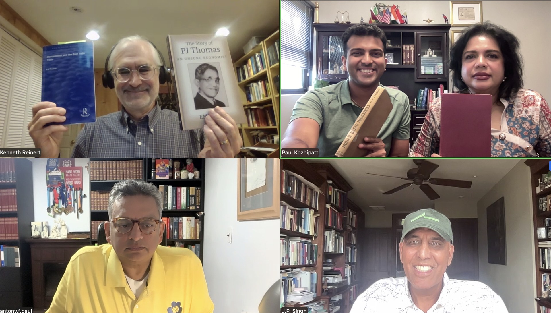 In a four-panel screenshot, five people look at their screen cameras.