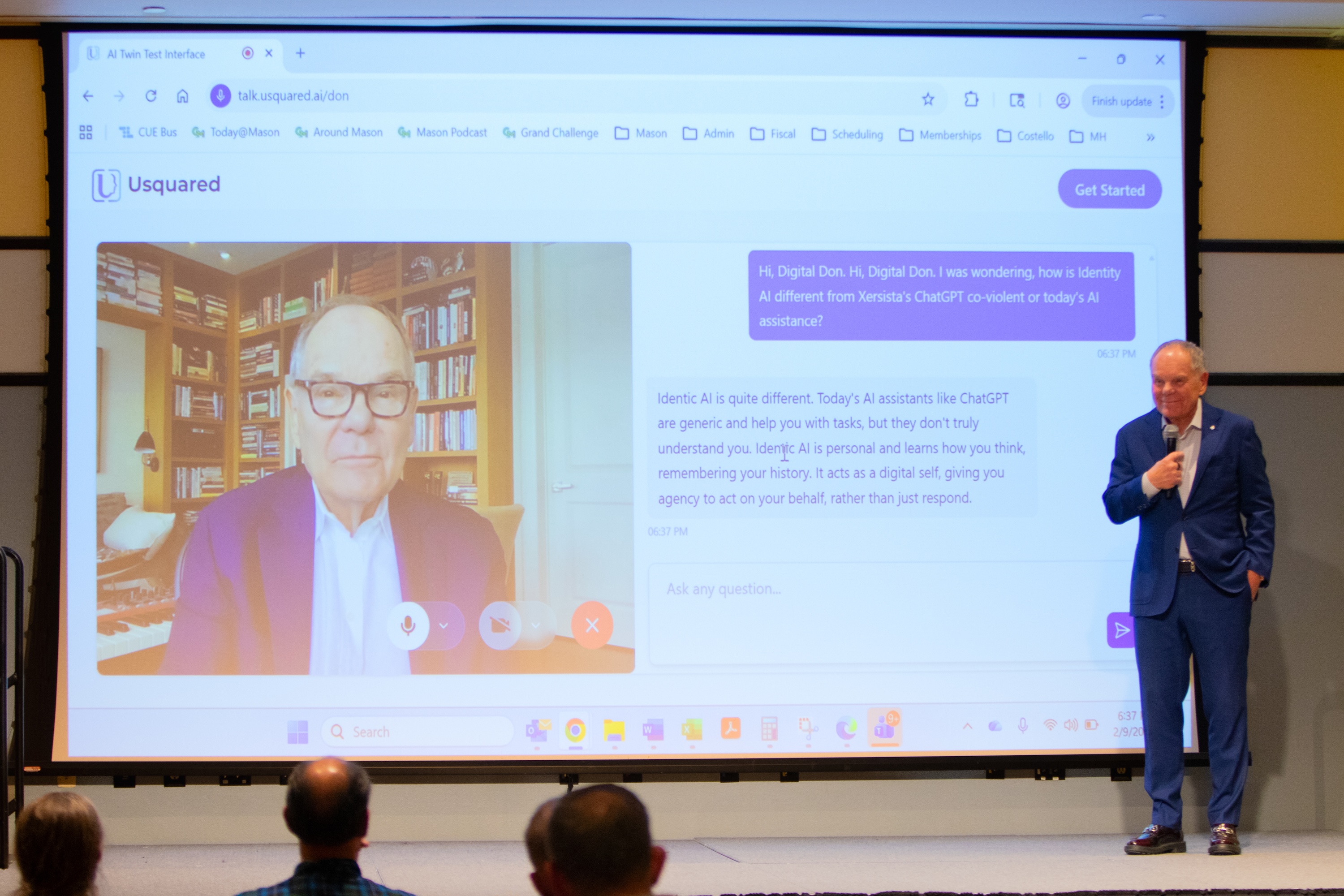 Don Tapscott, Co-Founder and Executive Chairman of Blockchain Research Institute interacting with “Digital Don,” an identic agent capable of making decisions, managing tasks, and learning from his every interaction. Photo by Costello College of Business/Hannah Patterson.
