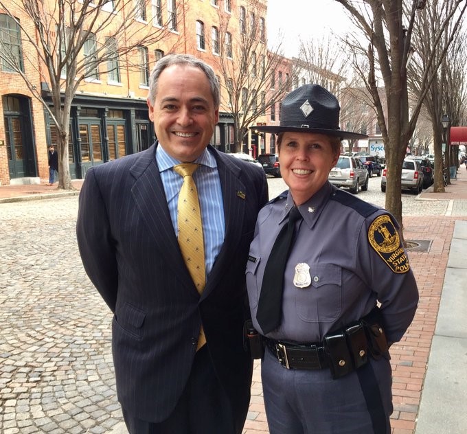 Mason President Angel Cabrera and Virginia State Police Lt. Col. Tracy Russillo