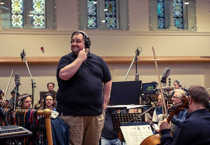 Action shot of Vincent Oppido taken from a recording session at Air Studios Lyndhurst, December 2019