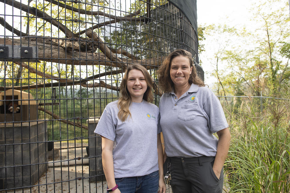 Monika Conrad and Jessica Kordell stand in front of the red panda enclosure at SCBI.