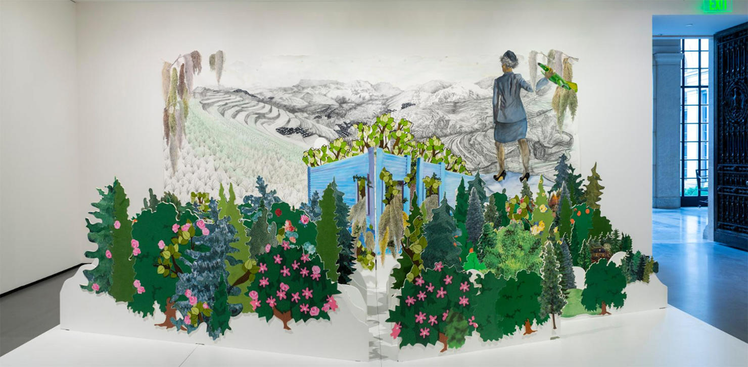 Zoë Charlton (b. 1973), Permanent Change of Station, 2022. collage on wood panel. 72 1/8 x 214 x 120 in. Courtesy the artist. TGM12. Photography by Mitro Hood. Courtesy of the Mississippi Museum of Art and Baltimore Museum of Art.