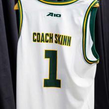 Mason men's basketball jersey reads "Coach Skinn number 1"