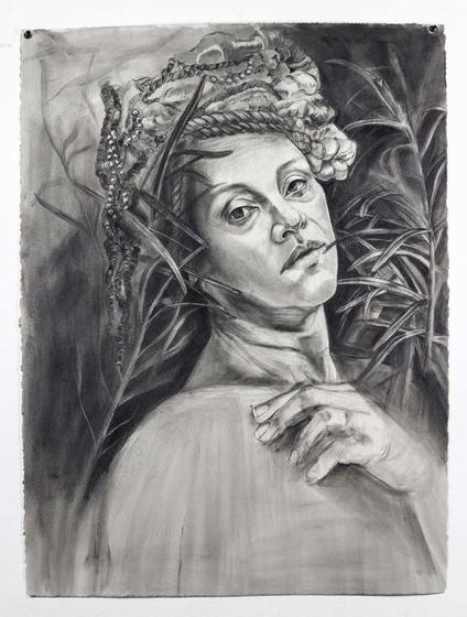 Wanda Raimundi-Ortiz, Wig Variant series: Self-portrait with wig variant#2, 2022, PanPastel, charcoal white charcoal on Arches Rives BFK paper, 3×22 inches ©Wanda Raimundi-Ortiz. Courtesy of the artist.