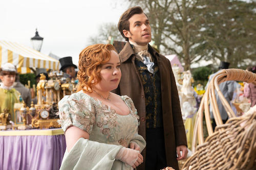 Bridgerton characters, Penelope Featherington and Colin Bridgerton. Photo by Netflix.