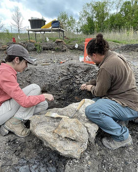 Madison Mateo, right, kneels in a hole in the ground with her paleontology partner as they use finger-sized picks to chip away dirt from the bone.