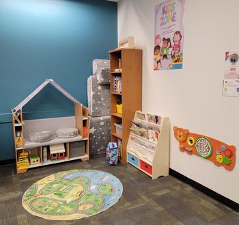 Kids Zone in the Contemporary Student Lounge has toys and books for children
