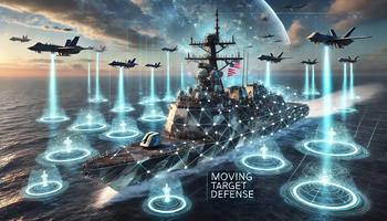 A naval ship surrounded by planes, representing cyber defense systems