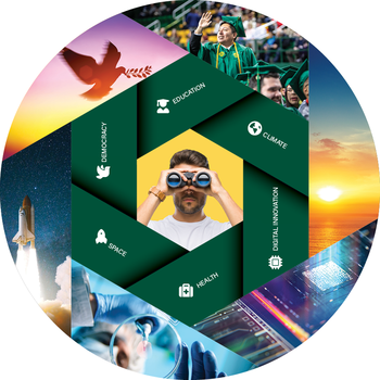 Icon for the Grand Challenge Initiative. The following topic areas are mentioned on the image: Democracy, Education, Climate, Digital Innovation, Health, and Space